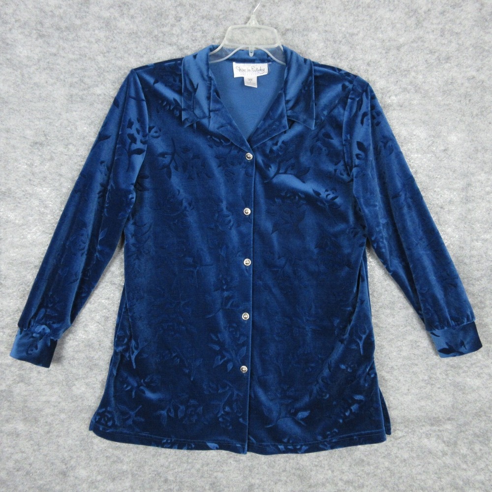 Diane‎ Von Furstenberg Top Womens S Blue Burnout Velvet Floral Button Up Vintage
